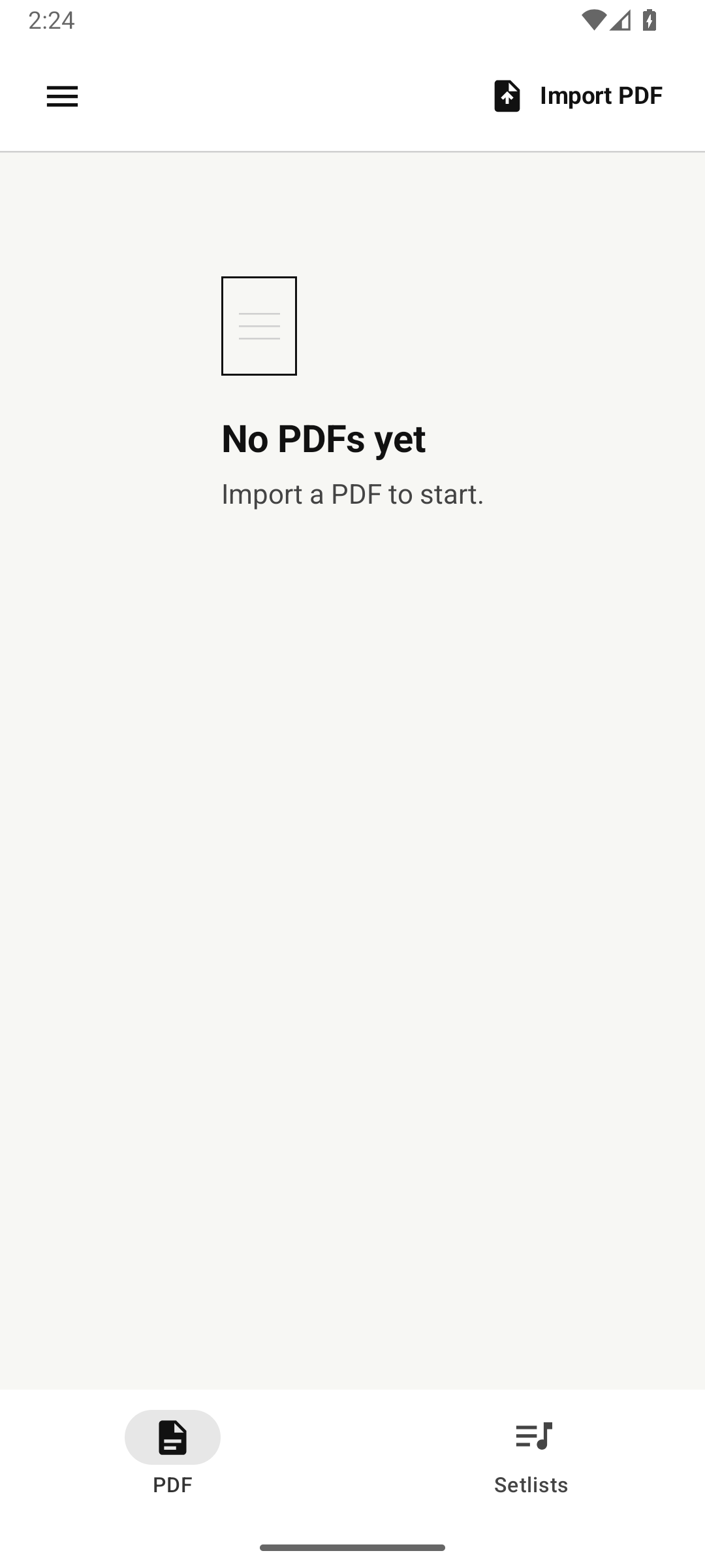 SeliaLists phone library with Menu and Import PDF actions