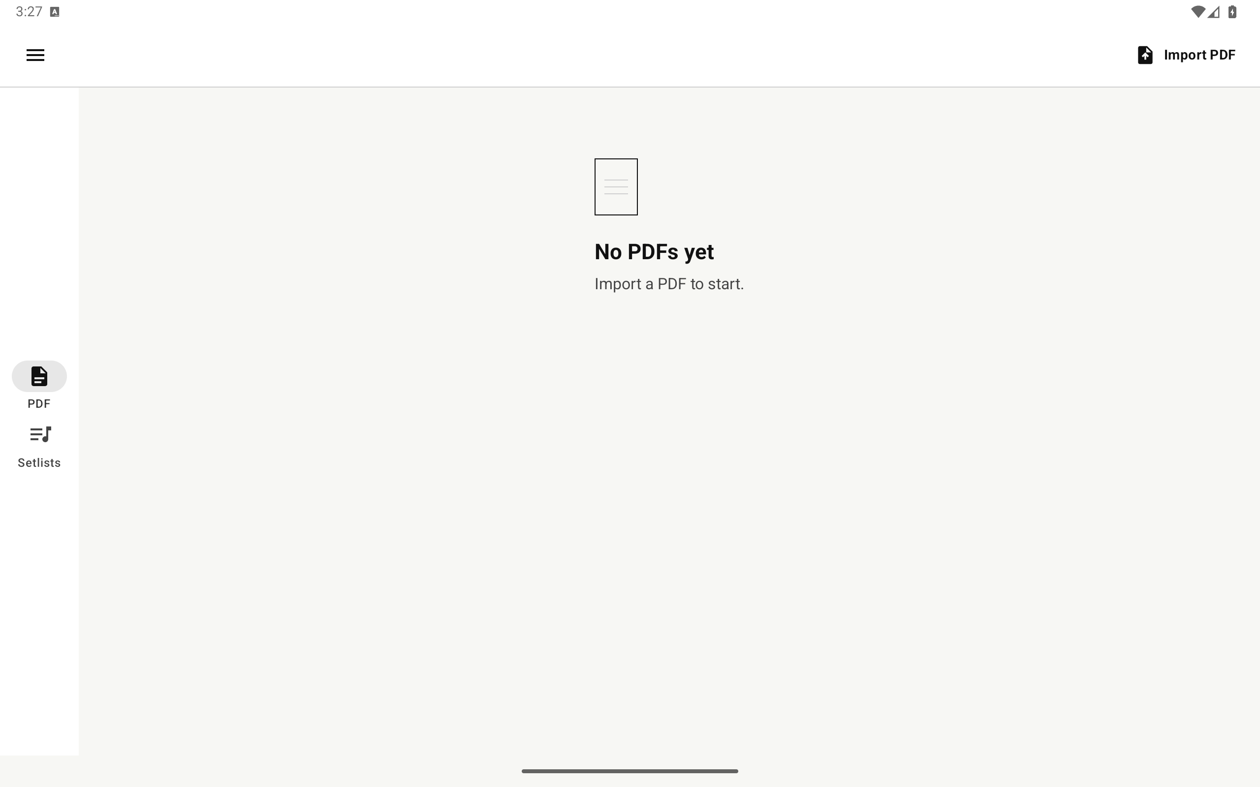 SeliaLists tablet library with a left PDF and Setlists navigation rail