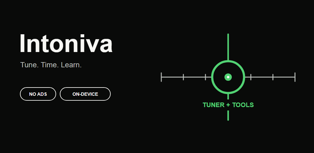 Intoniva brand graphic: Tune. Time. Learn. No ads. On-device.